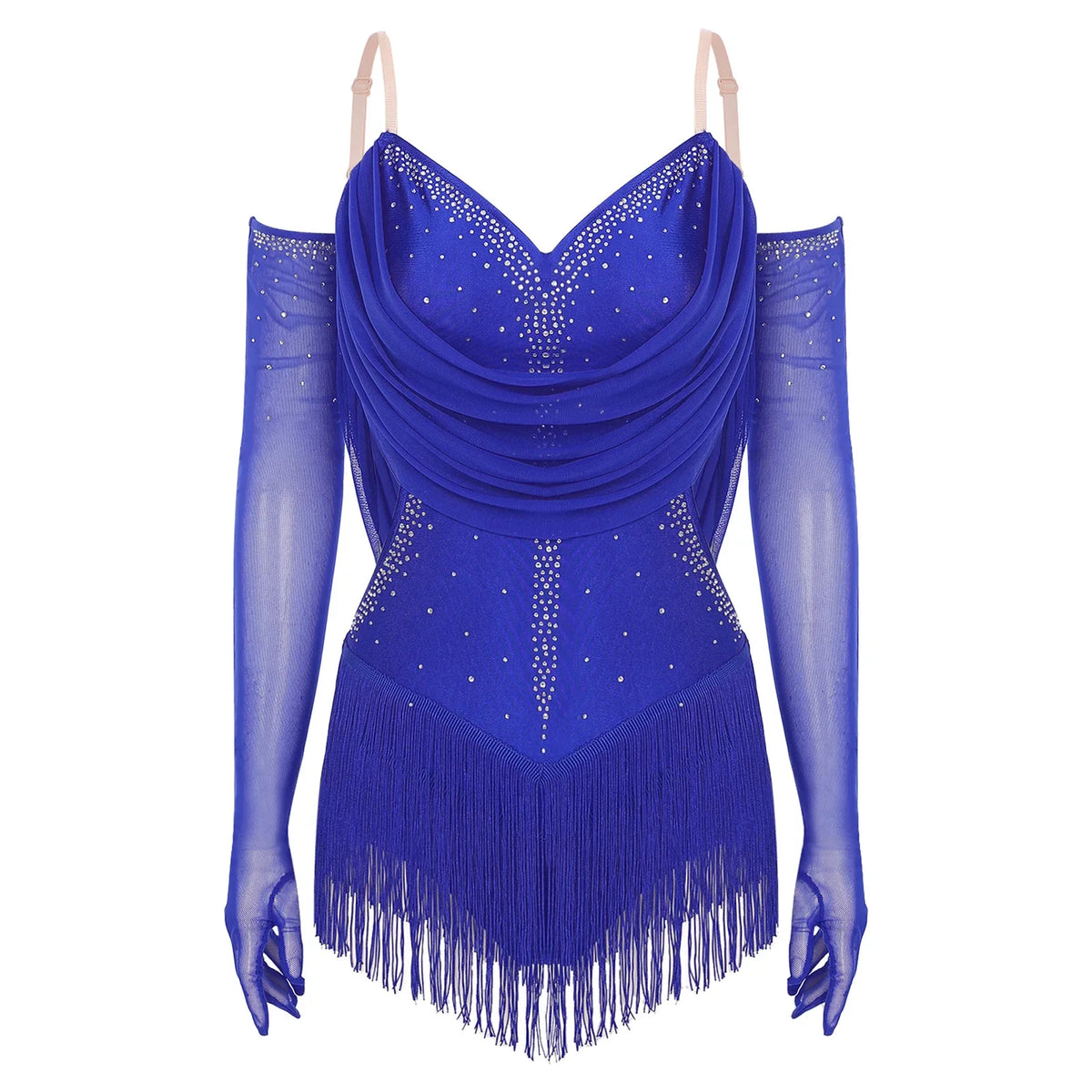 Sparkly Rhinestone & Tassel Fringe Dance Leotard with Gloves Two-Piece Stage Costume