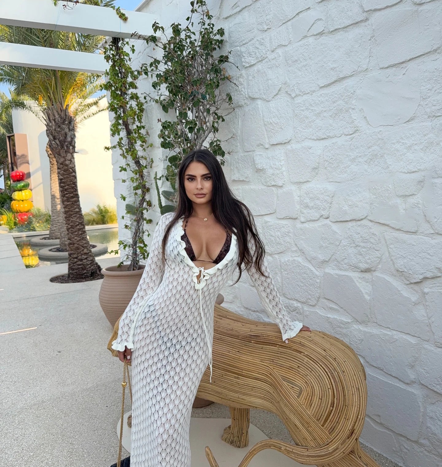 Sexy Frill Big V Neck Hollow Out Long Sleeve Maxi Dress Summer 2025 Feminine Swimwear Bikini Cover Up Women Holiday Outfits K221 Luxlife Brands