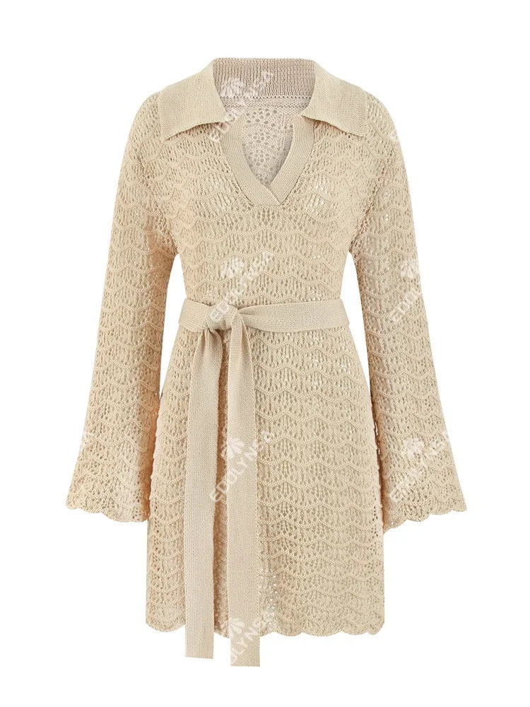 Sexy Shirt V-neck Bell Sleeve Hollow Out Knitted Belted Beach Mini Dress 2025 Summer Swimsuit Cover Up Women's Casual Outfit K16 Luxlife Brands