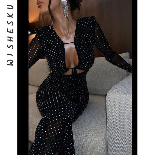 Sexy Cut Out Mesh Long Sleeve Bodycon Maxi Dress Women Glitter Lace Up Party Vestido 2023 Spring Fall Elegant Birthday Clothes LUXLIFE BRANDS