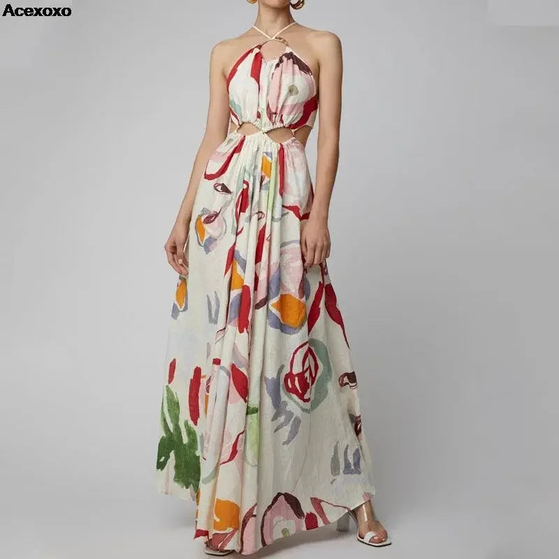 2023 summer new women's fashion casual sexy halter print slim beach dress
