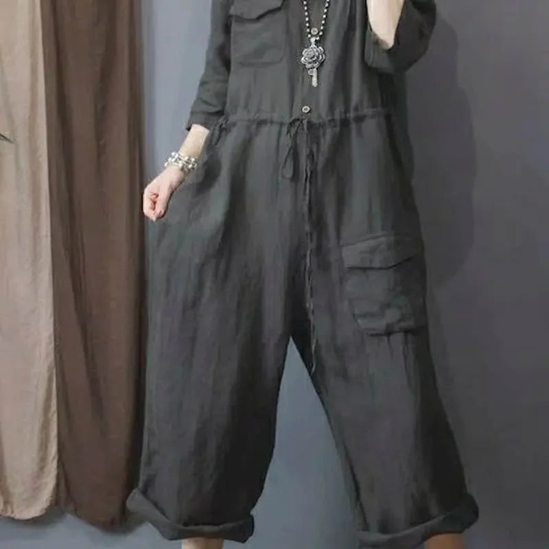 Cotton Linen Playsuit Oversize Jumpsuits Women Long Sleeve One Piece Outfit Women High Waist Pants Overalls for Women Clothes