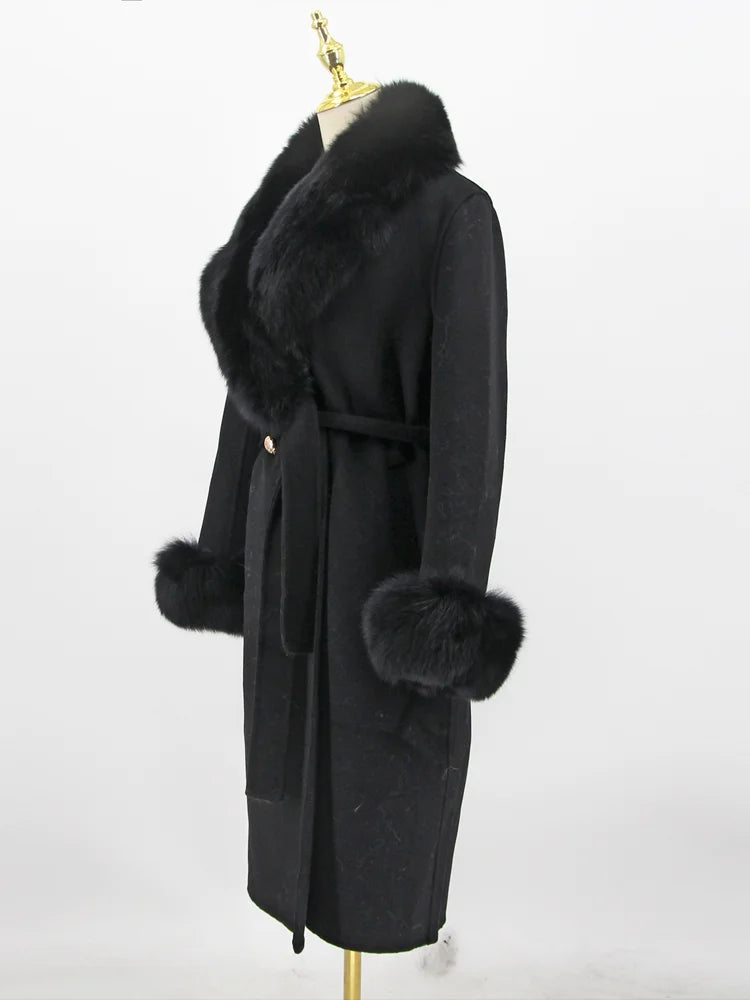 2023 New Arriva High Quality Cashmere Women Jacket With Bigger Real Fox Fur Collar And Cuffs