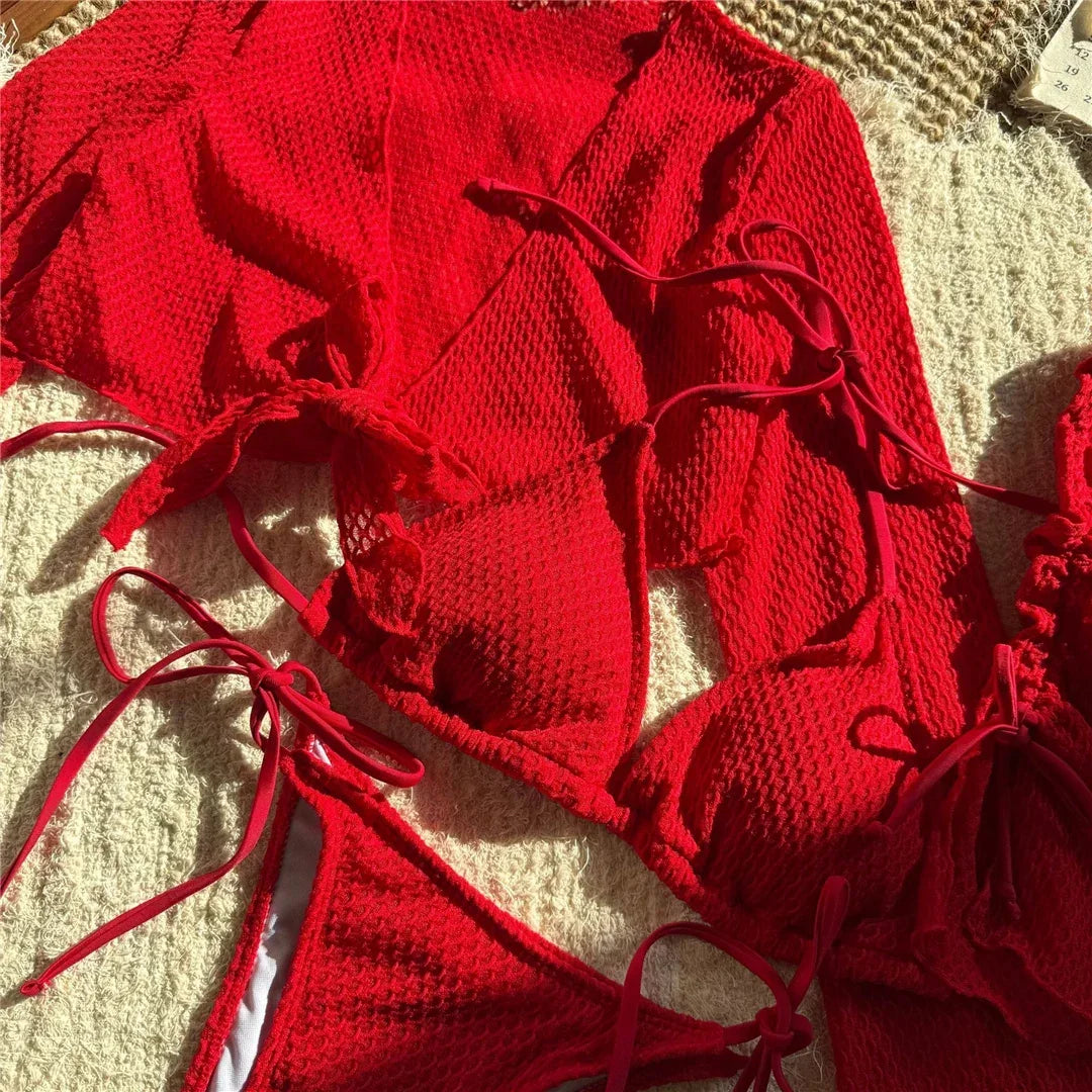 2025 Long Sleeve With Skirt Halter Bikini Women Swimwear Female Swimsuit Four-pieces Bikini set Bather Bathing Suit Swim V6358 Luxlife Brands