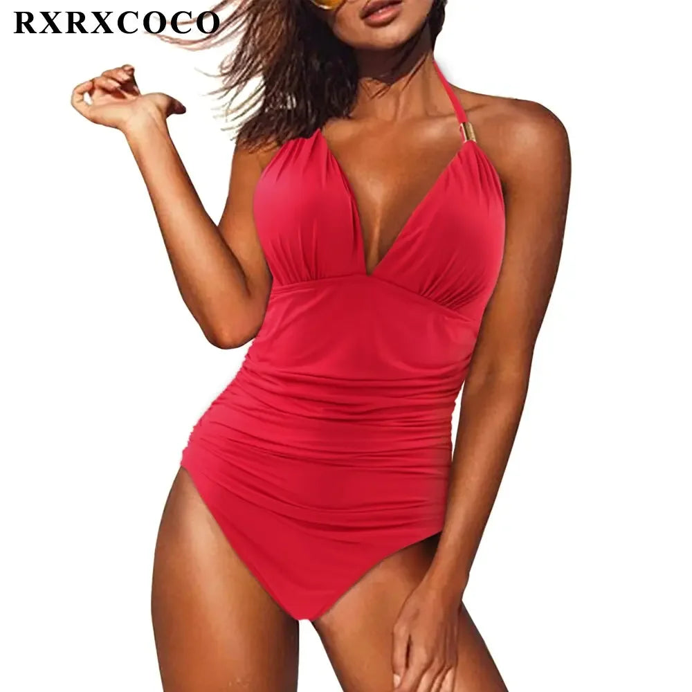 RXRXCOCO Women's Swimsuit One Piece Push Up Swimwear Women Neck Hanging Backless Sexy Bathing Suit Black Blue Beachwear Swimsuit