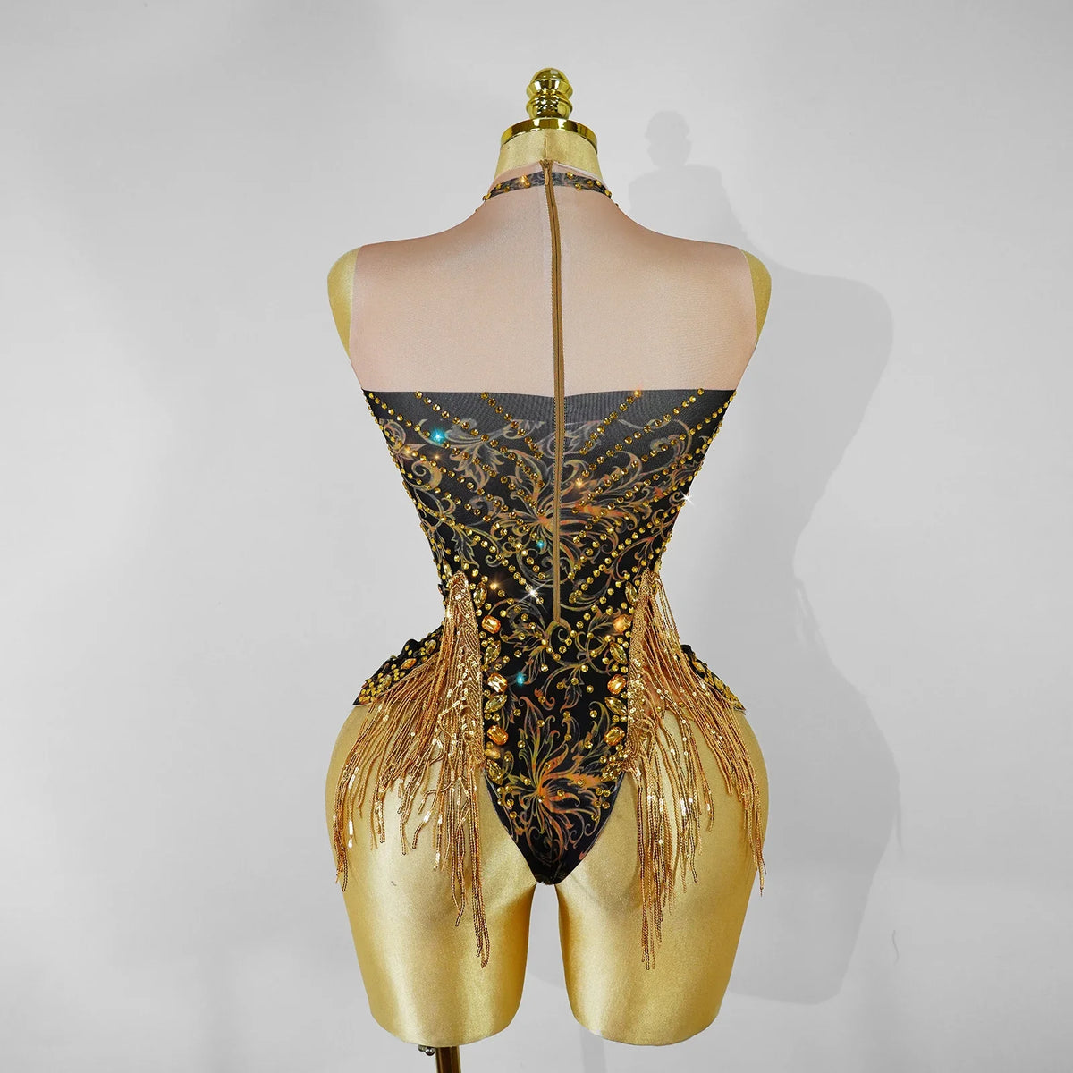 Gold Rhinestone & Tassel Sleeveless Bodysuit Salsa Latin Dance Stage Costume