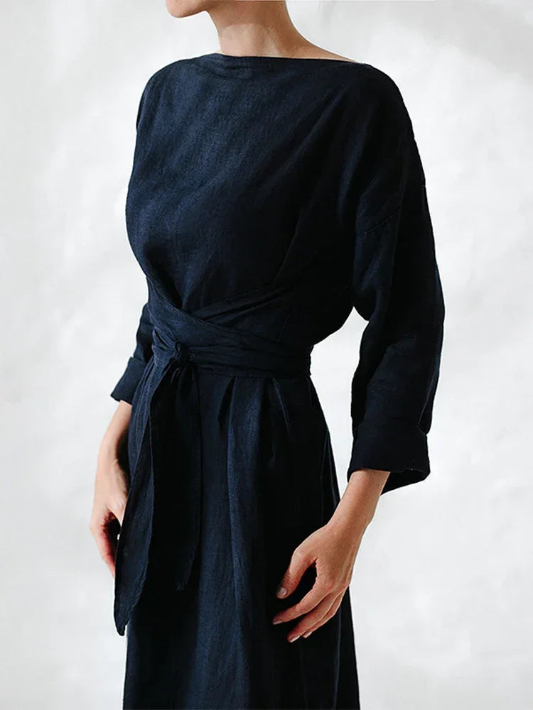 Elegant Lady Vintage Chic Long Dress Spring Women Long Sleeve Cotton Linen Dress Casual Solid Bikini Lace-Up Sunshade Cover-ups LUXLIFE BRANDS