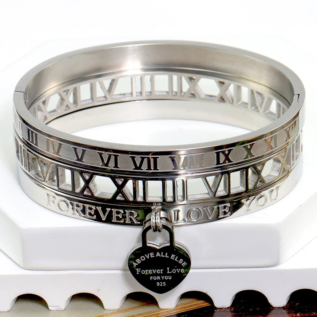 3Pcs/Sets Stainless Steel Hollow Roman Heart Bracelet for Women Leisure Wedding Jewelry Party Holiday Valentine's Day Gift