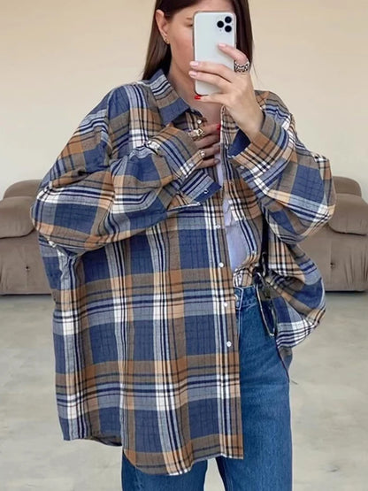 Aynaray 2023 Women Vintage Oversized Plaid Shirt Classic Long Sleeve Loose Fit Blouse For Woman Autumn Winter