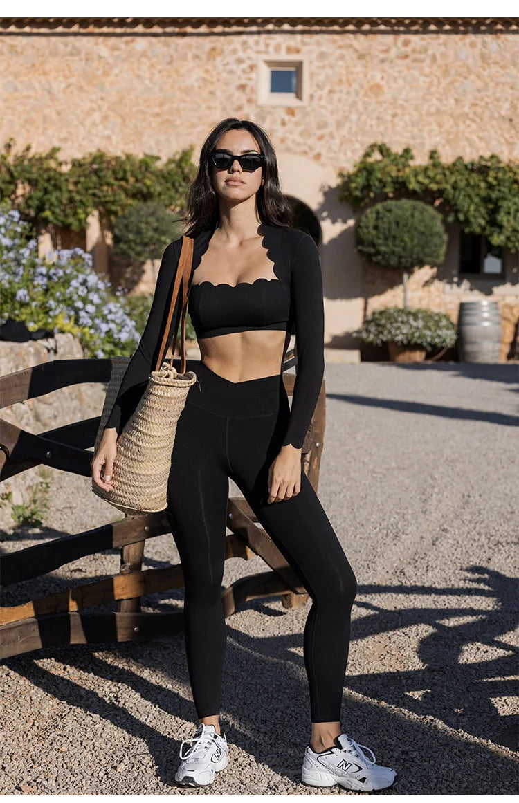 Black Square Neck Tight High Elastic Skinny Yoga Sports Long Sleeves Fashion Compression Pants Fitness Leggings Workout Tights Luxlife Brands