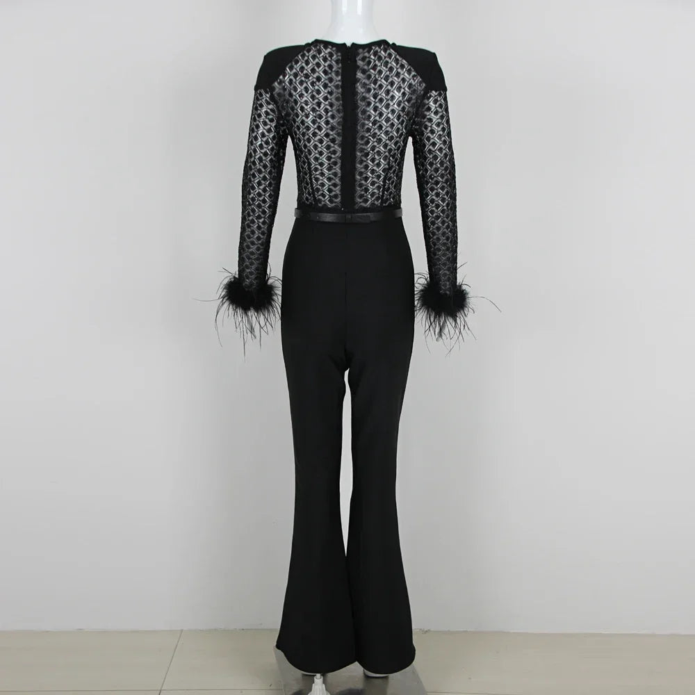 Lace Sequin Feather Bandage Jumpsuit - LUXLIFE BRANDS