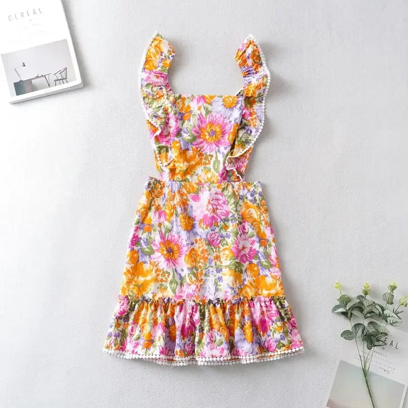 Dresses For Women 2022 Square Neck Sleeveless Ruffle Hem Floral Print Mini Dress Sexy Backless Tie Beach Vacation Summer Dress
