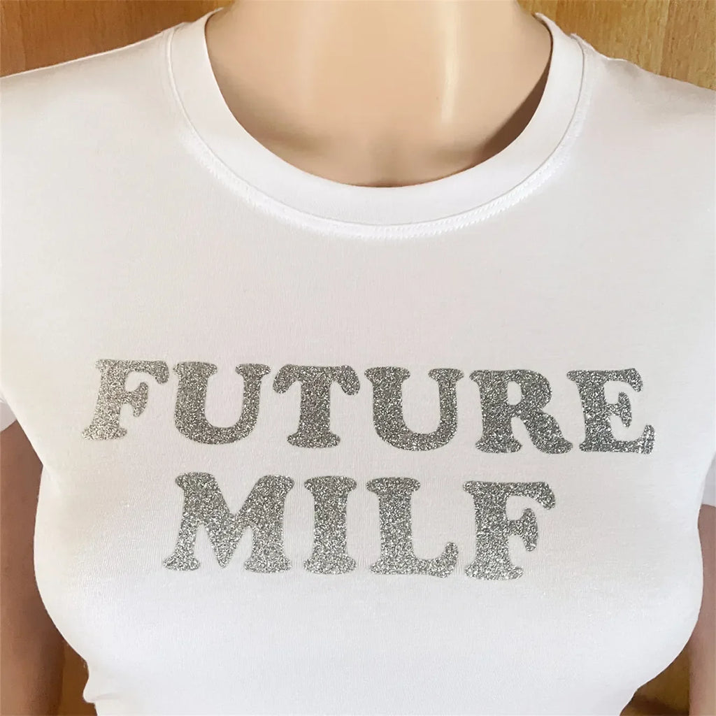 FUTURE MILF Black Baby Crop Tee Aesthetic Top 2000s Inspired Tee Y2K Slogan Graphic Fashion Girls Cotton T-Shirt Gift For Her LUXLIFE BRANDS