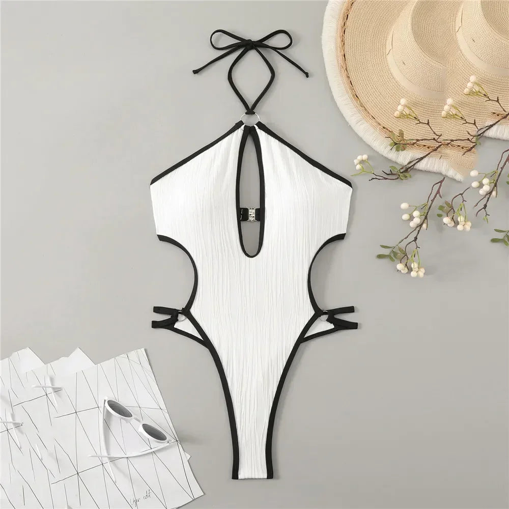 Sexy White Backless Swimwear Women 2024 One Piece Swimsuit Hollow Out Monokini Bathing Suit String Halter Swimming Wear Bather Luxlife Brands