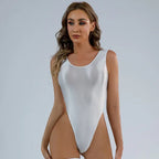 Sleeveless High Cut Thong Bodysuit Glossy Shiny Swimsuit Tights Hot Sexy Bikini Sukumizu Swimwear Body Tops Athletic Gym Leotard Luxlife Brands