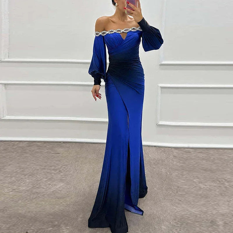 Fashion Patchwork High Waist Dress  Casual Contrasting Color Pleated Slim Long Dress New Off Shoulder Lantern Sleeve Party Dress Luxlife Brands