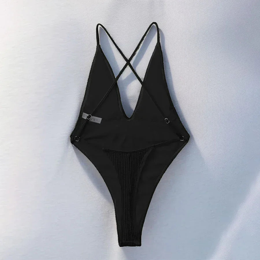 Para Praia Sexy Deep V High Cut One Piece Swimsuit 2025 Thong Swimwear Women High Waist Monokini Backless T-back Bathing Suit