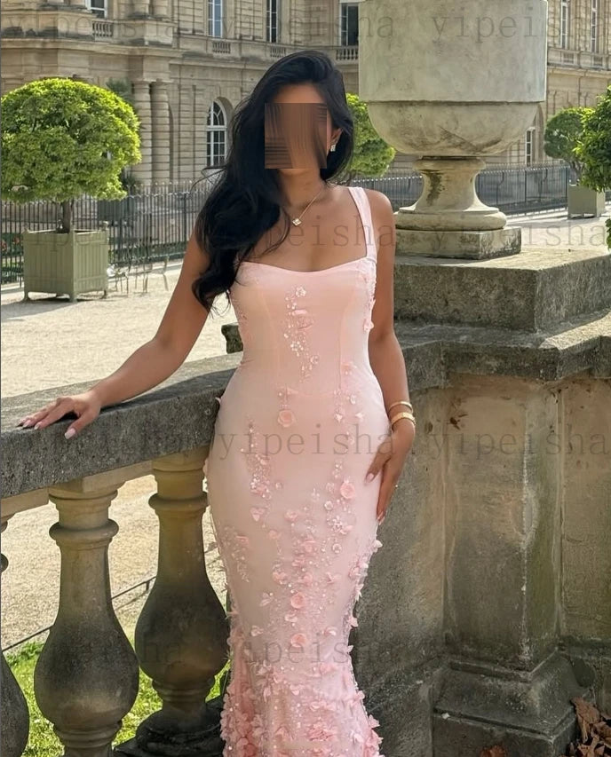 Customized square collar mermaid Evening Dresses spaghetti strap Party Dress 3D Flowers Sequined Lace Appliques Long Prom Gown Luxlife Brands