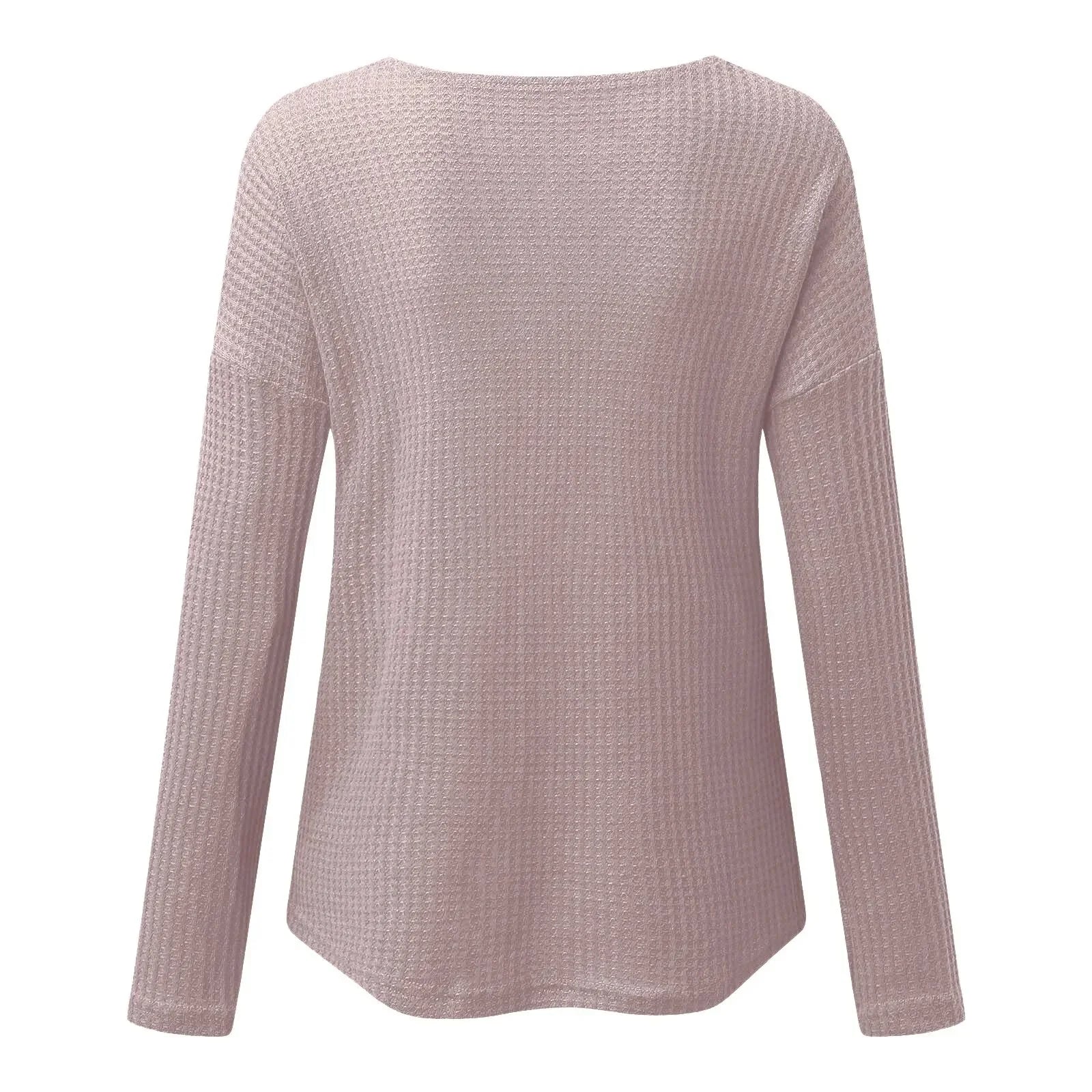 Waffle Button O Neck Oversized Shirts Spring Fall Long Sleeve Women T Shirts Korean Style Fashion Harajuku White Pink Solid Tops LUXLIFE BRANDS