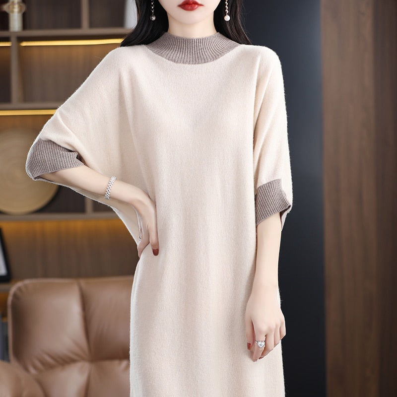 23 New women's 100% pure wool dress sweater long slim half high neck women's short sleeve pullover cashmere sweater summer