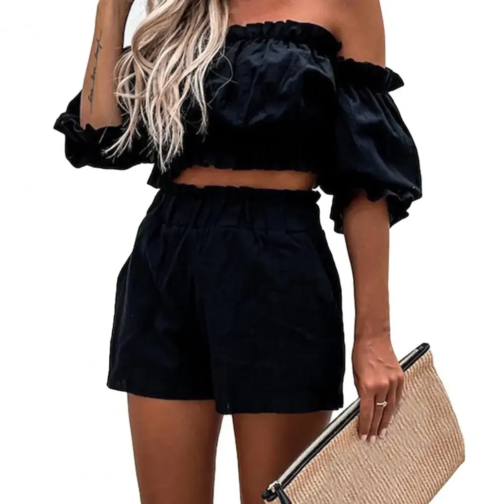 Ruffle Half Sleeve Summer Crop Top & Shorts Beach Set