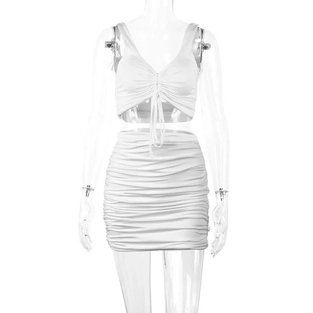 White Sexy Party Crop Top And Skirt Women Two Piece Sets 2023 Summer Outfits Body Club Tank Shirring 2 Piece Set For Women LUXLIFE BRANDS