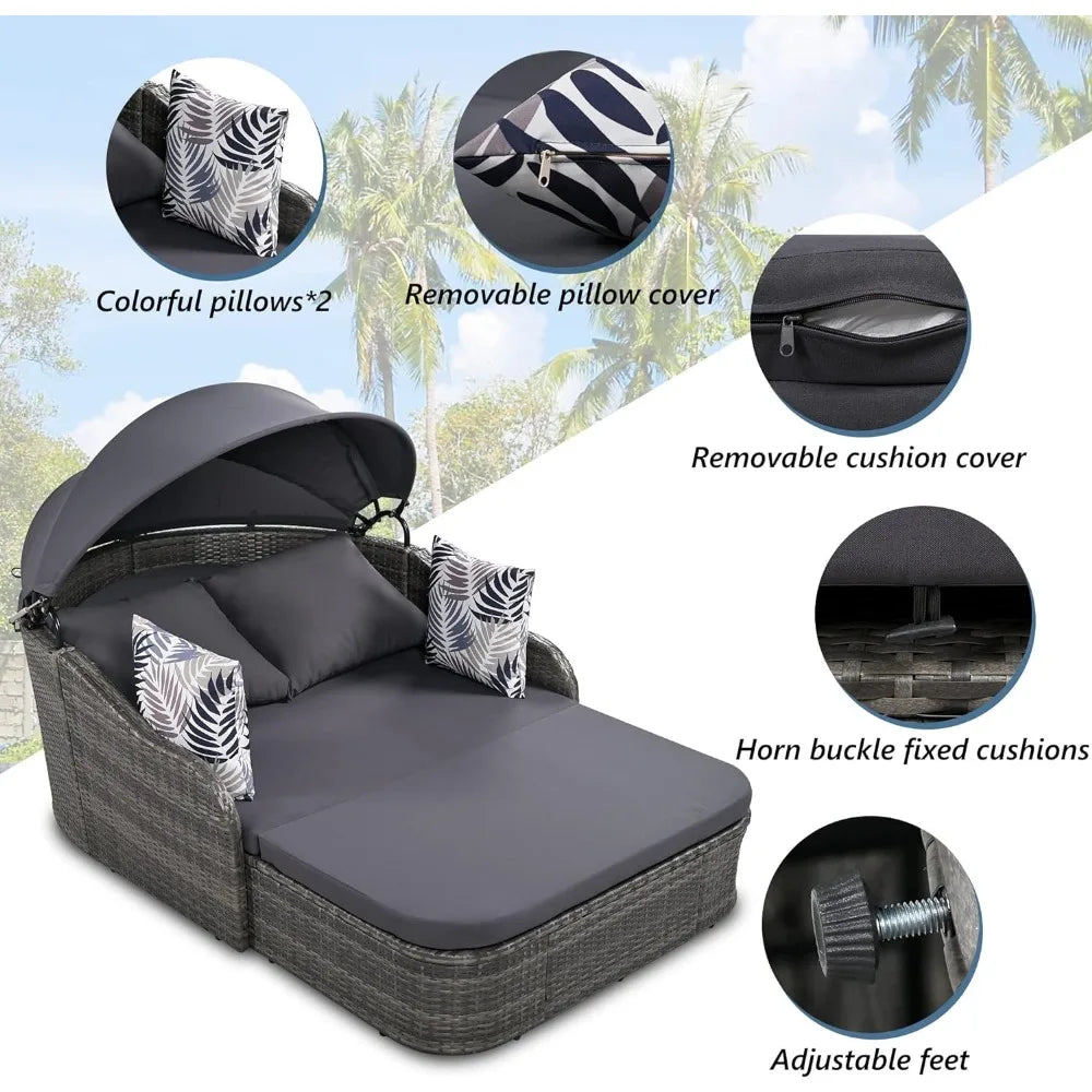 LUXHOME 79.9" Outdoor Daybed with Adjustable Canopy, Curved Armrests, Cushions and 4 Pillows