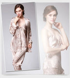 Women's Silk Satin Pajamas Set 3 Pcs Floral Silky Pj Sets Sleepwear Cami Nightwear with Robe and Pant Luxlife Brands