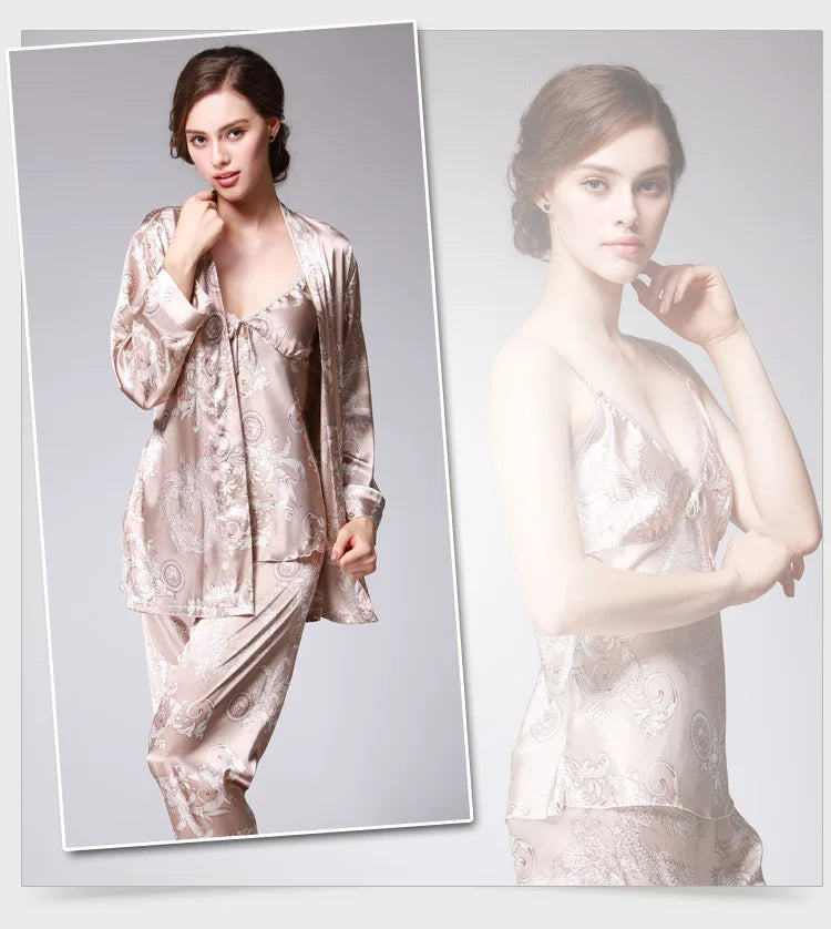 Women's Silk Satin Pajamas Set 3 Pcs Floral Silky Pj Sets Sleepwear Cami Nightwear with Robe and Pant