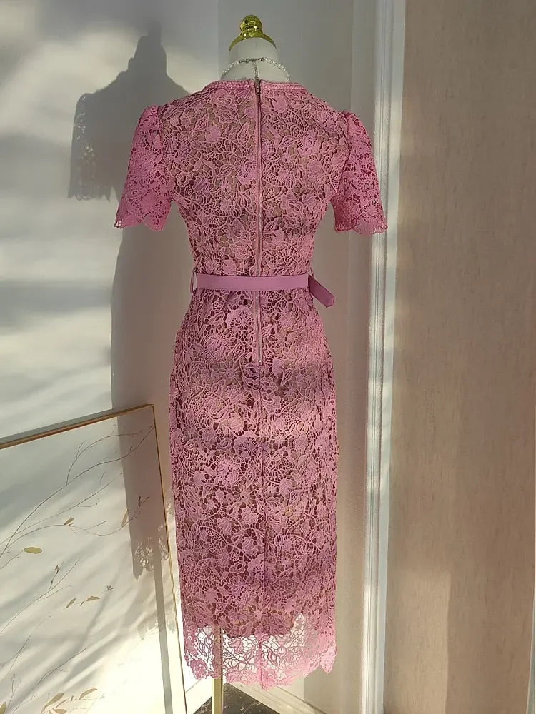 High Quality Pink Lace Dress For Women Summer Vintage Square collar Buckles Slim Mid Dress Hollow out Robes Female Party Vestido