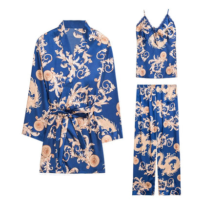 Women's Silk Satin Pajamas Set 3 Pcs Floral Silky Pj Sets Sleepwear Cami Nightwear with Robe and Pant