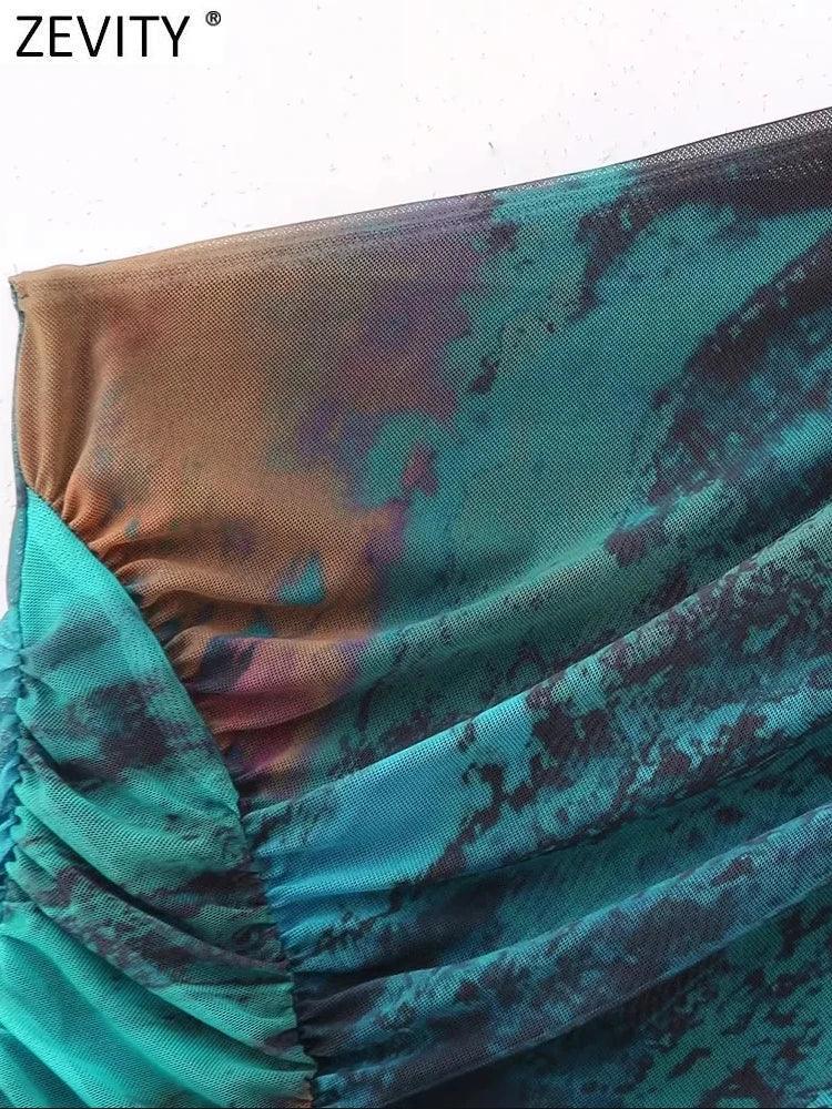 Zevity Women Fashion Single Shoulder Tie Dyed Print Pleated Mesh Smock Blouse Female Asymmetrical Shirt Blusas Chic Tops LS5432 LUXLIFE BRANDS