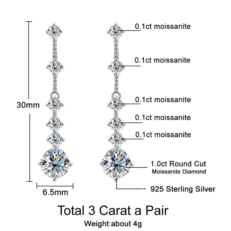 Moissanite Dangle Earrings For Women 3ct a Pair D Color VVS1 Diamond Long Tassel Ear Drops 925 Sterling Silver Fine Jewelry Gift LUXLIFE BRANDS