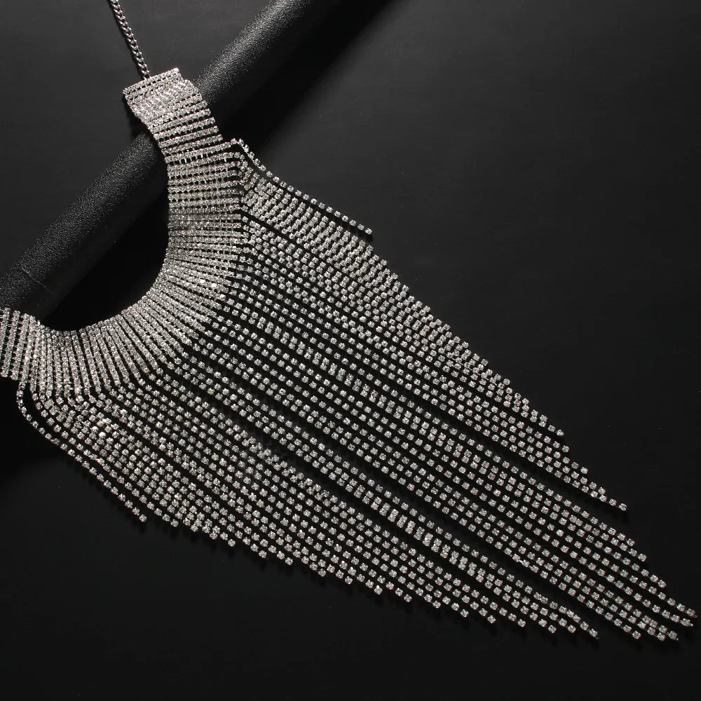 Rhinestone Fringe Tassel Choker Chain Necklace