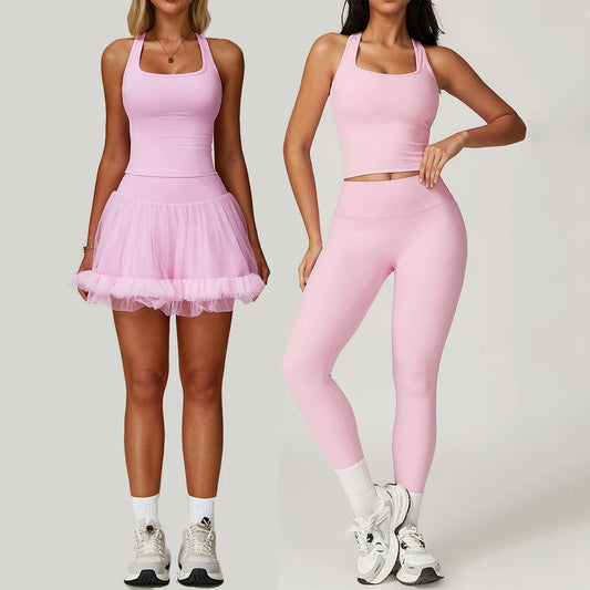 2 Pieces Yoga Suit Naked Feel Gym Set Women Sportswear Workout Clothes High Waist Yoga Short Skirt Fitness Leggings Sports Bra