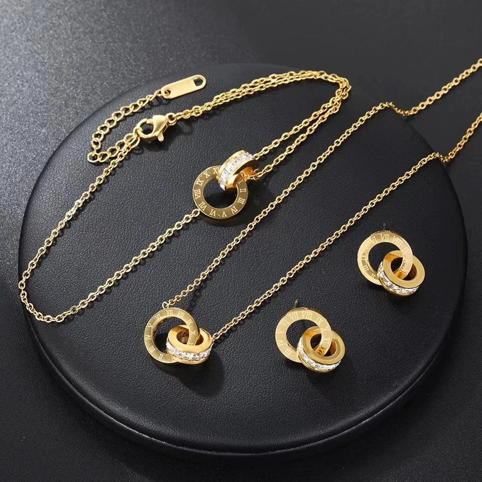 3 PCS Fashion Roman Digital Double Ring Pendant Necklace Bracelet Tiny Earrings Jewelry Set For Women Korean Style Daily Wear Luxlife Brands