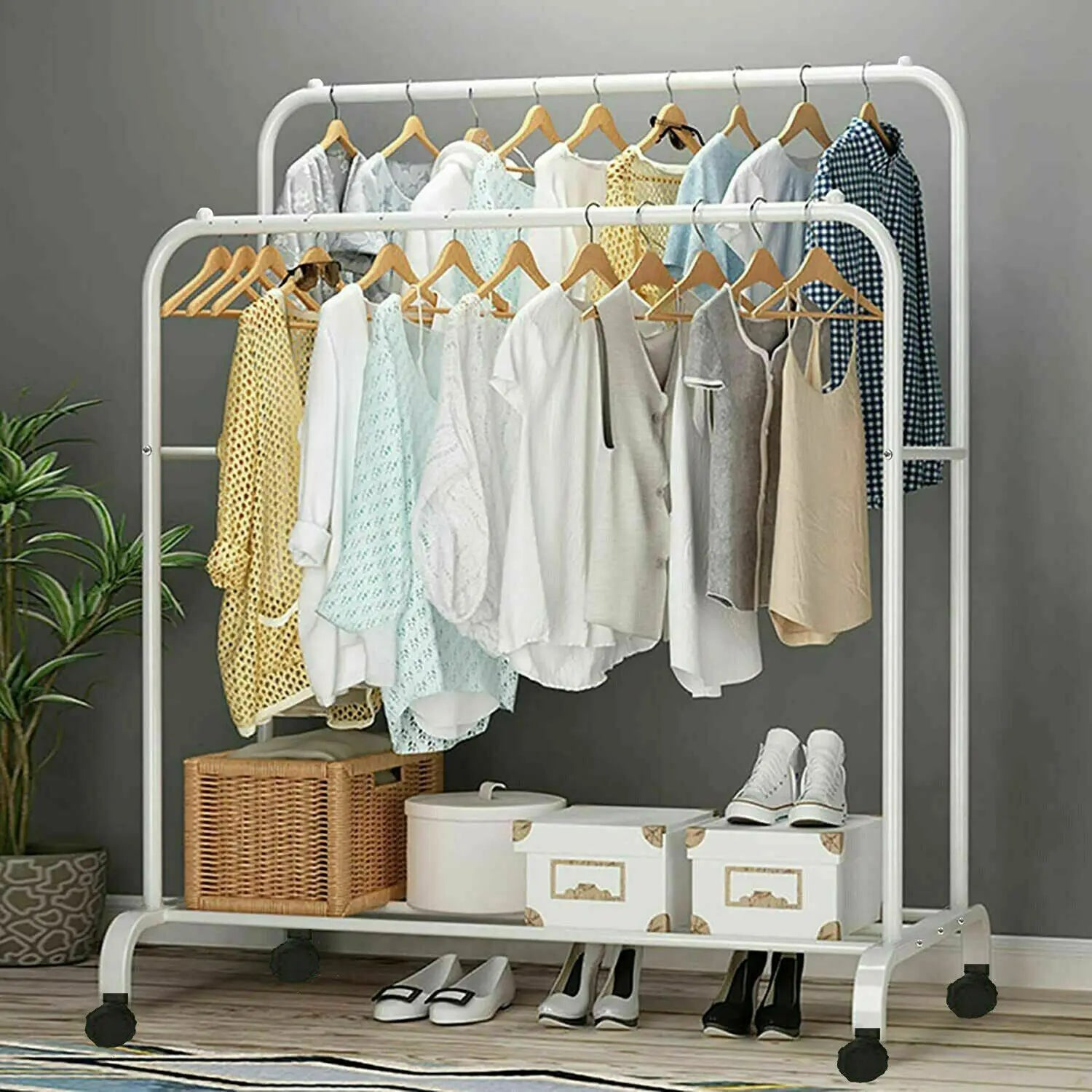 Heavy Duty Rolling Double Rod Clothes Rack LUXLIFE BRANDS