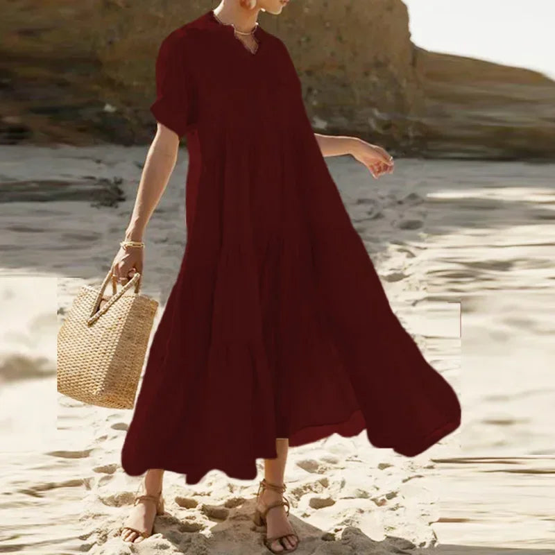 Summer Bohemian Dresses For Women V Neck Casual Long Dress Plus Size Women Elegant Party Dress Solid Maxi Dresses Luxlife Brands