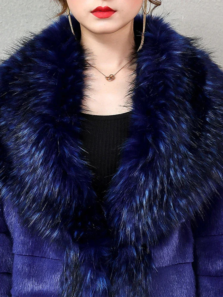 Nerazzurri Winter Long Striped Warm Sapphire Blue Luxury Fluffy Faux Mink Fur Coat with Fox Fur Trim European Overcoat Fashion LUXLIFE BRANDS