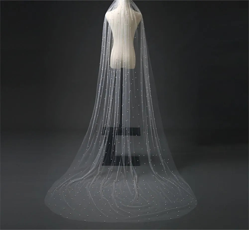 Pearls Bridal Veil Soft 1 Tier Beaded Wedding Veil for Bride Cathedral Length with Comb Wedding Accessories LUXLIFE BRANDS