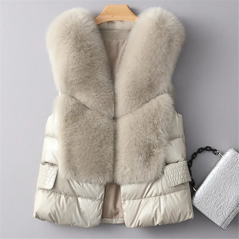 Leather and Fur Vest Women's Short Down Feather Imitation Fox Slim Temperament Jacket 23 New Autumn and Winter Fashion All-match LUXLIFE BRANDS