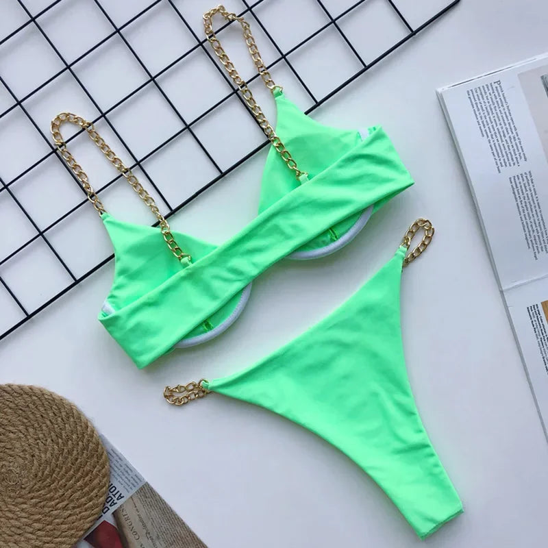 Sexy Metal Chains String High Cut One Piece Swimsuit Women Swimwear Female Monokini Tummy Cut Out Bathing Suit Swim Beach Wear