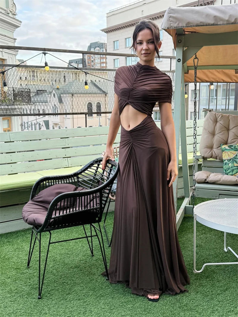 Mozision Hollow Out Short Sleeve Sexy Maxi Dress Women Fashion O Neck Ruched High Waist Bodycon Club Party Long Dress Female Luxlife Brands