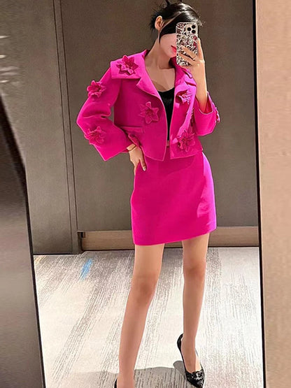 HIGH STREET Newest Fashion 2024 Designer Runway Suit Set Women's Stunning 3D Flowers Appliques Blazer Mini Skirt Set 2pcs