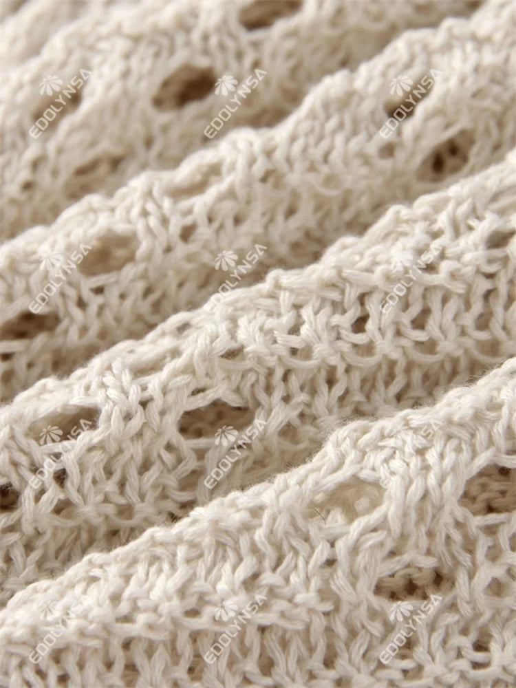 Sexy Deep V-neck Lace-up Bell Sleeve Knit Mesh Hollow Out Beach Mini Dress 2025 Summer Swimsuit Cover Up Women Casual Tunic K14 Luxlife Brands