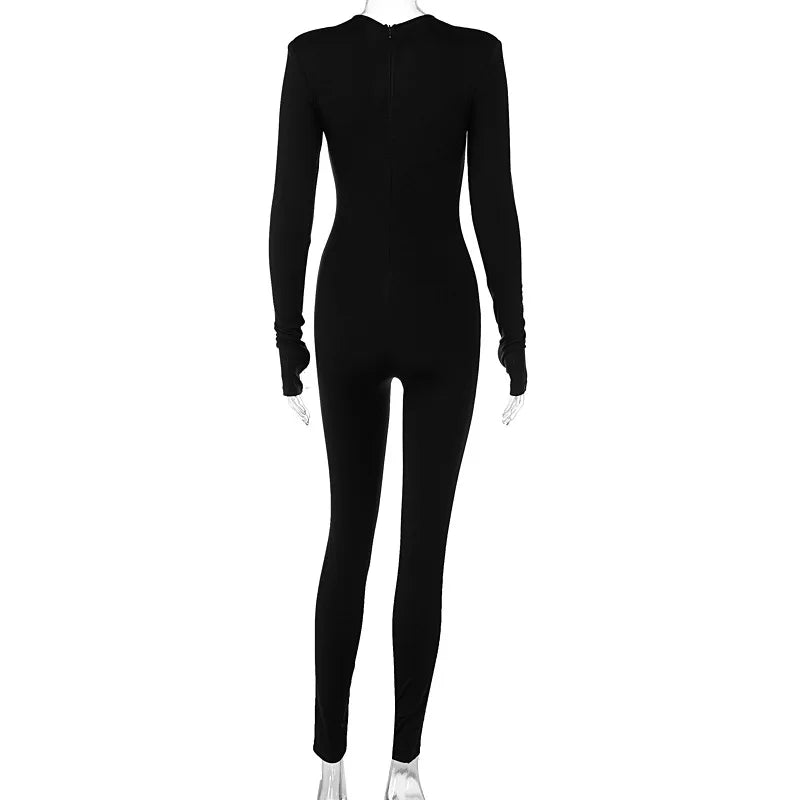Solid V-neck Long Sleeves With Shoulder Pads Bodycon Jumpsuit Woman Autumn Winter Woman Fashion Elegant Club Y2K Sport Jumpsuits LUXLIFE BRANDS