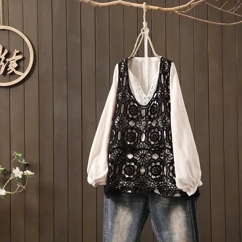 2024 Women Beach Crochet Daily Hollow Out Knit Loose-fitting Round Collar Spaghetti Strap Crop Top Scalloped Loose Vest L45