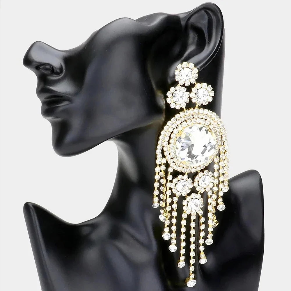Oversized Crystal Rhinestone Long Tassel Dangle Earrings Drag Queen Stage Jewelry