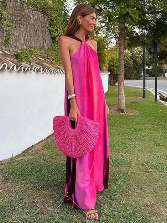 Sexy Strapless Gradient Halter Maxi Robes Women Contrasting Colors Loose Elegant Dresses Lady Backless Sleeveless Long Beachwear LUXLIFE BRANDS