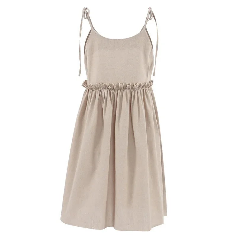 Cotton Linen Suspender Dress Spring and Summer Women's Beach Style Fake Casual Loose Soft Ruffled Edge A-line Suspender Dress Luxlife Brands